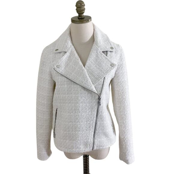 Ann Taylor Off-White Tweed Moto Jacket Women's Size 4 EUC Zip Up Pockets - Picture 8 of 9